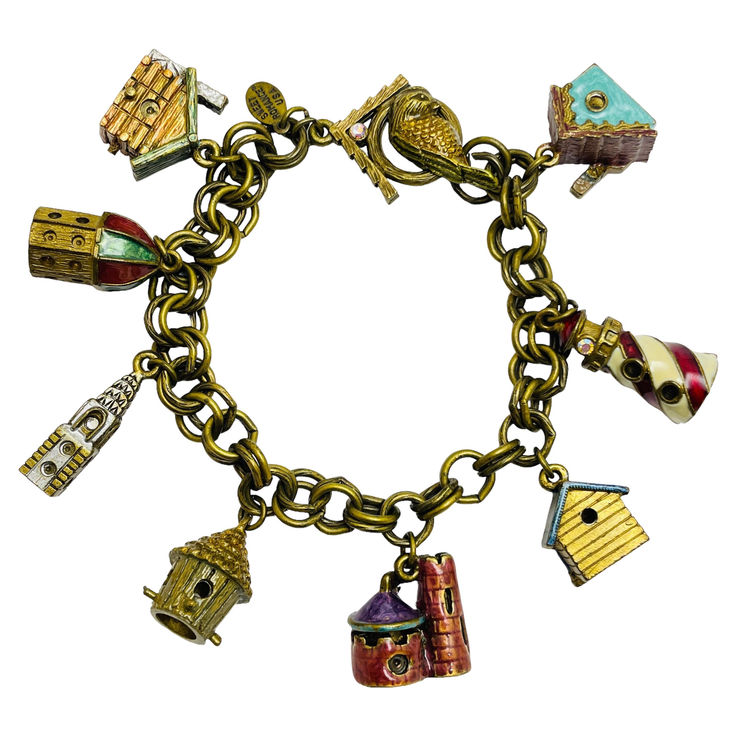 SWEET ROMANCE USA signed vintage enamel gold charm designer bracelet For Sale