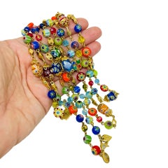 SWEET ROMANCE vintage gold tone Italian millefiori glass beads long necklace