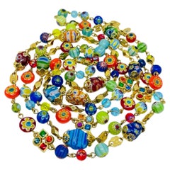 SWEET ROMANCE vintage gold tone Italian millefiori glass beads long necklace