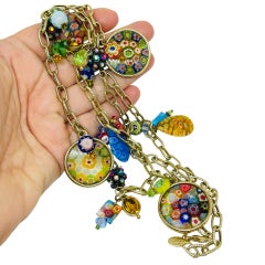 SWEET ROMANCE vintage gold tone Italian millefiori glass charms long necklace