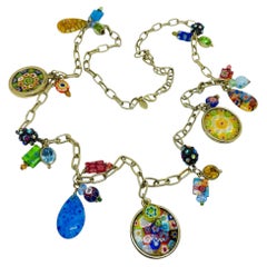 SWEET ROMANCE vintage gold tone Italian millefiori glass charms long necklace