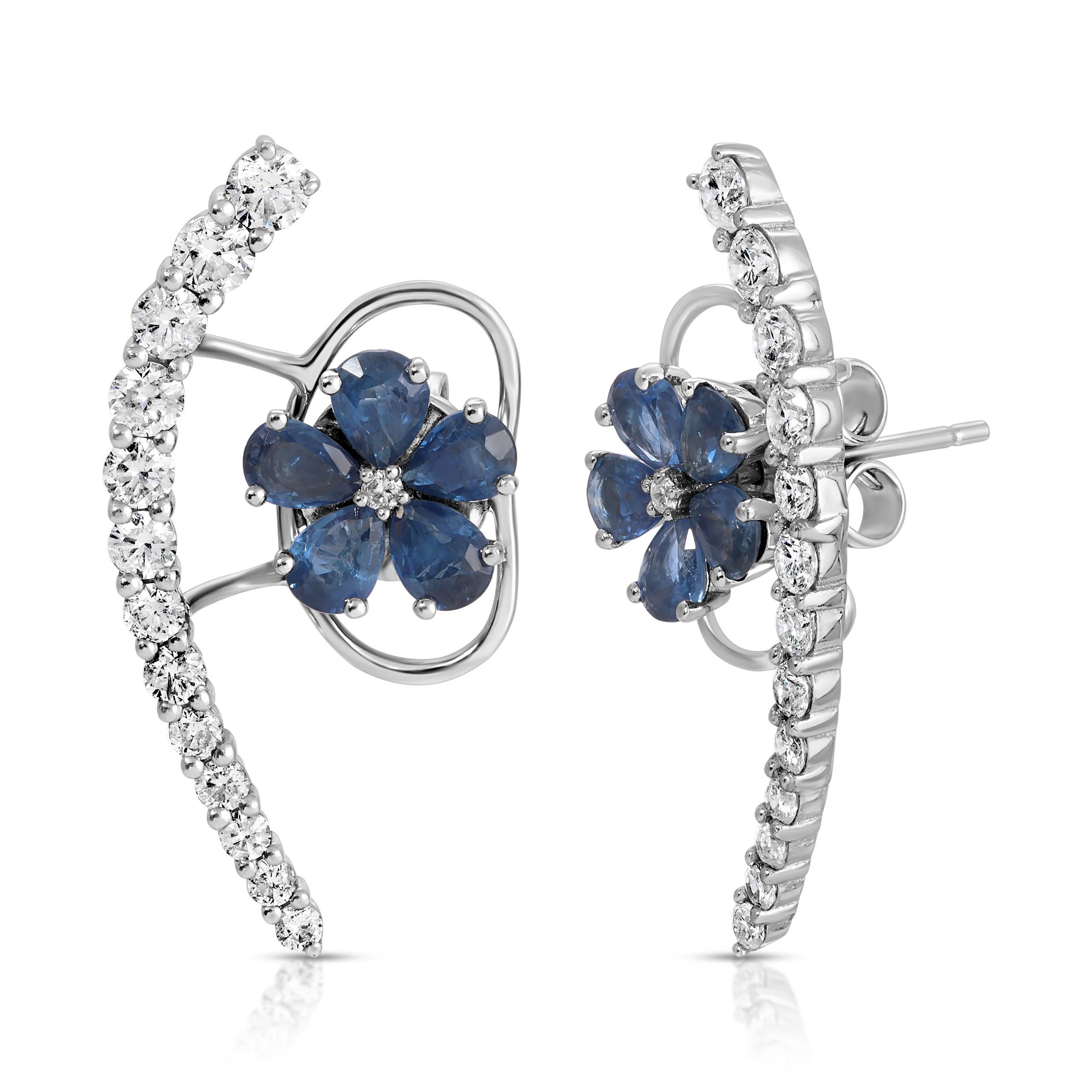 Moderno Orecchini con zaffiro e fiori in oro bianco 18 carati e diamanti in vendita