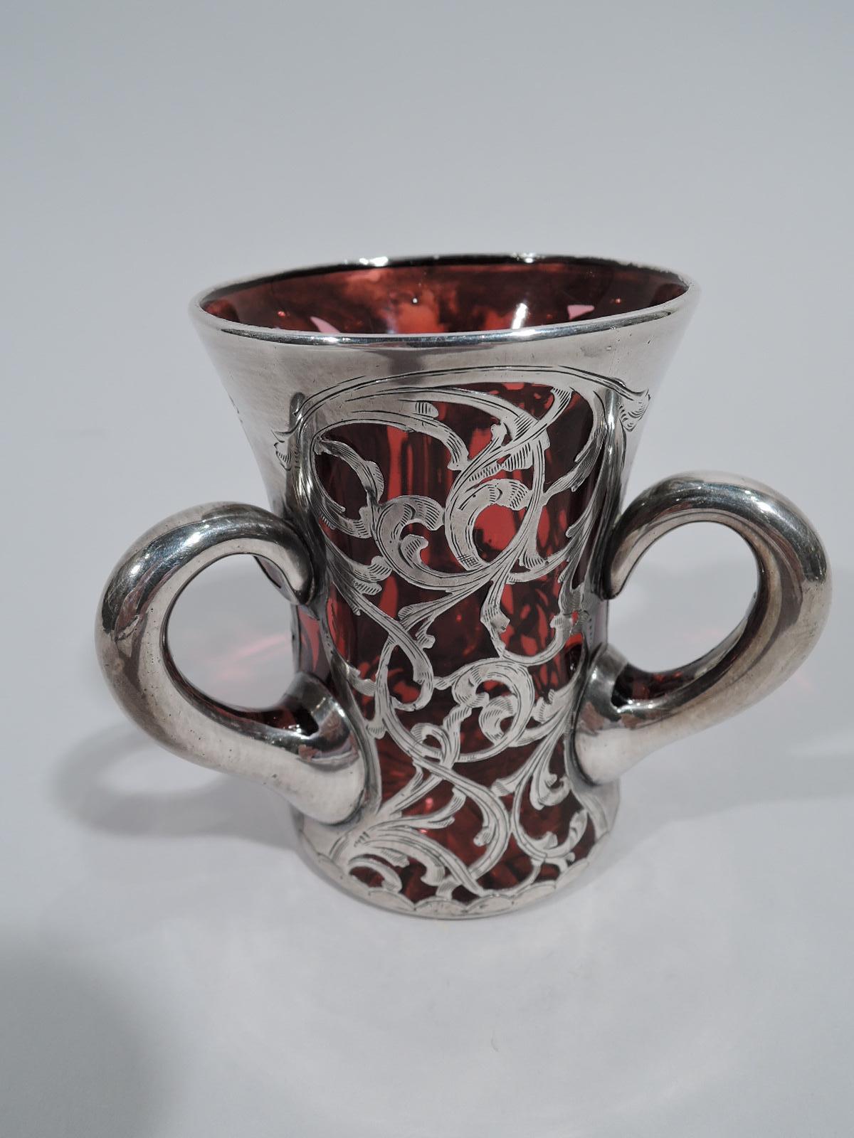 Art Nouveau Sweet and Small Antique Red Silver Overlay Loving Cup Bud Vase
