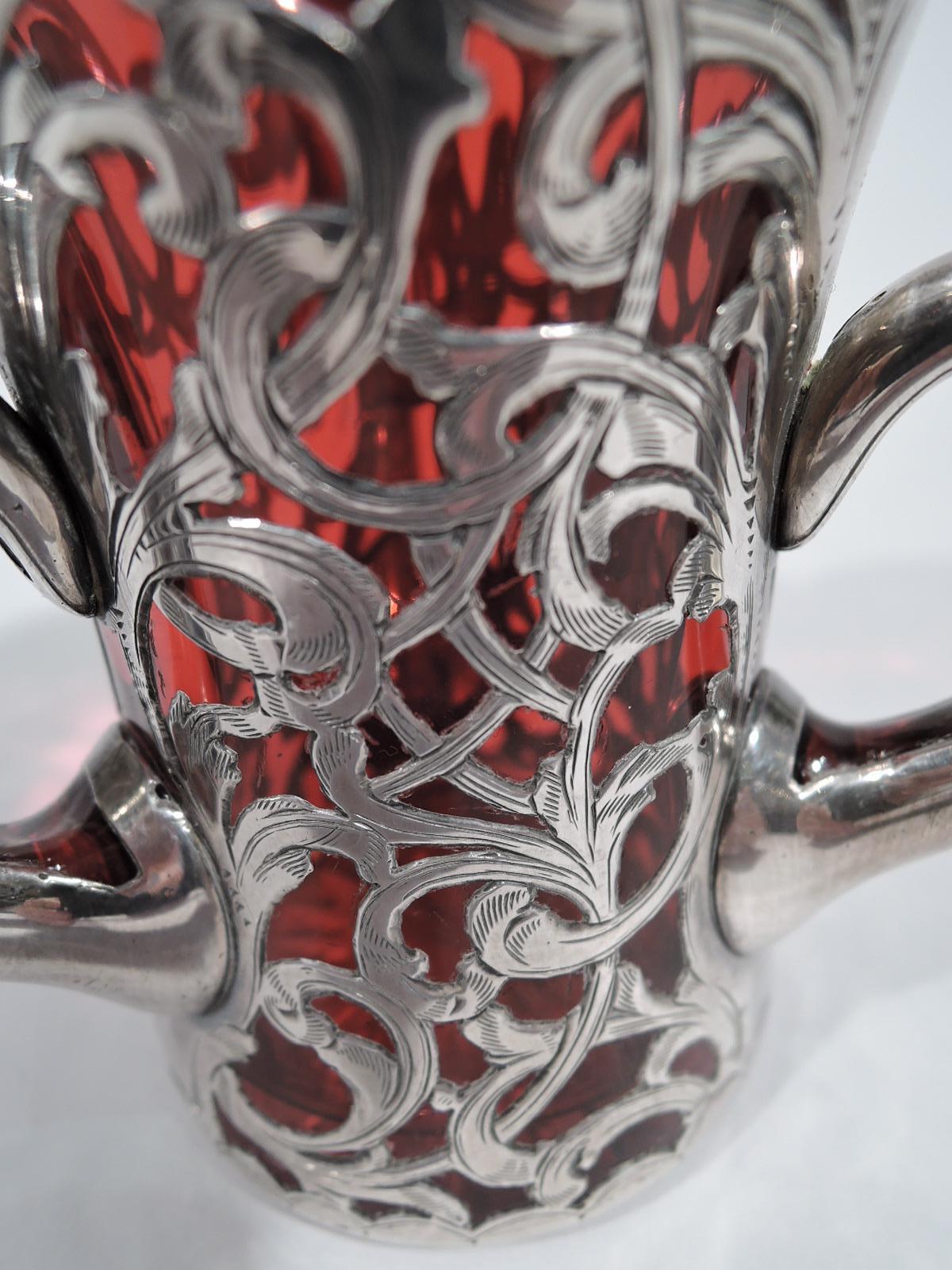 Sweet and Small Antique Red Silver Overlay Loving Cup Bud Vase In Excellent Condition In New York, NY