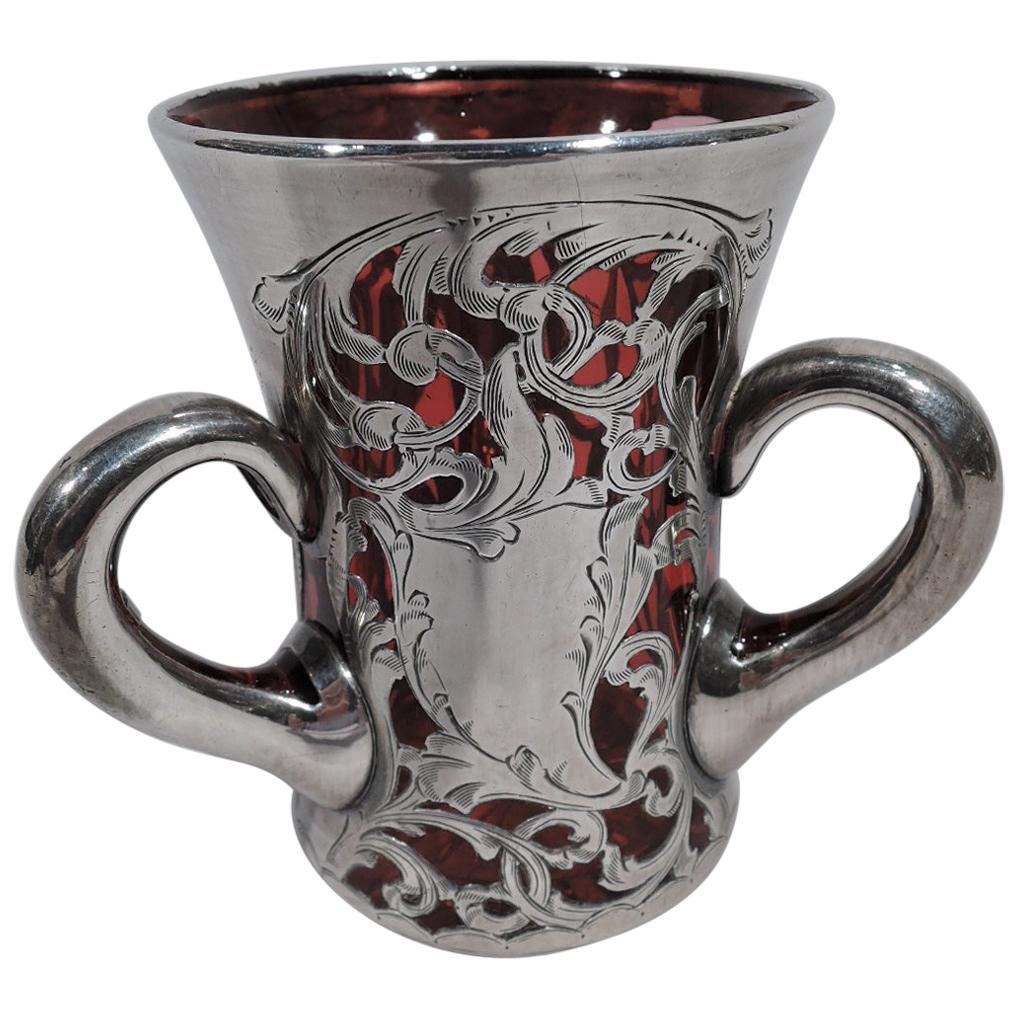 Sweet and Small Antique Red Silver Overlay Loving Cup Bud Vase