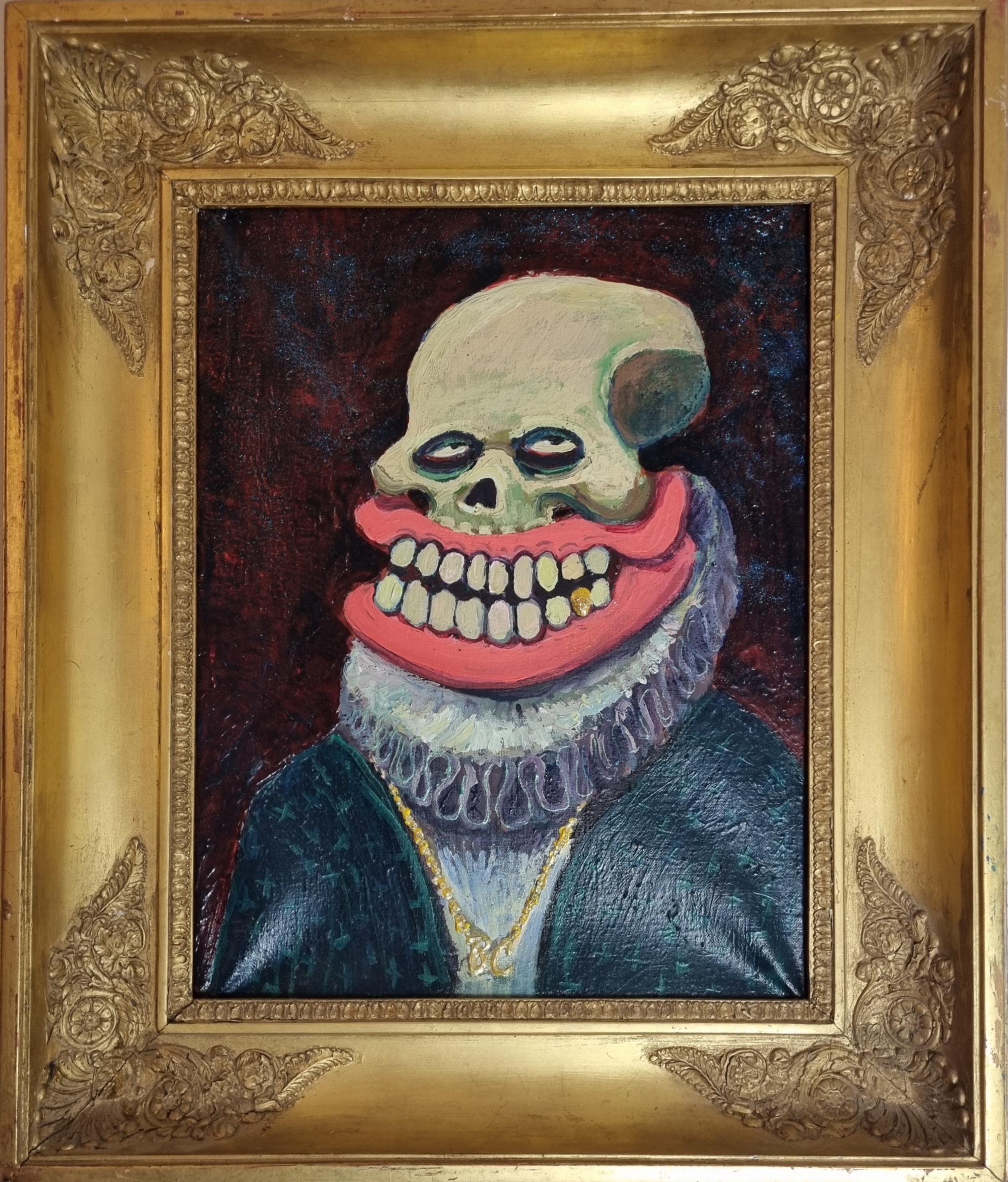 Street Artist , Sweet Toof ,
Oil on canvas in a 19th-century gilt frame is an unmistakable image. This stunning artwork is skillfully framed, adding a touch of elegance to its captivating presence.

Sweet Toof, the renowned London Street Artist, is