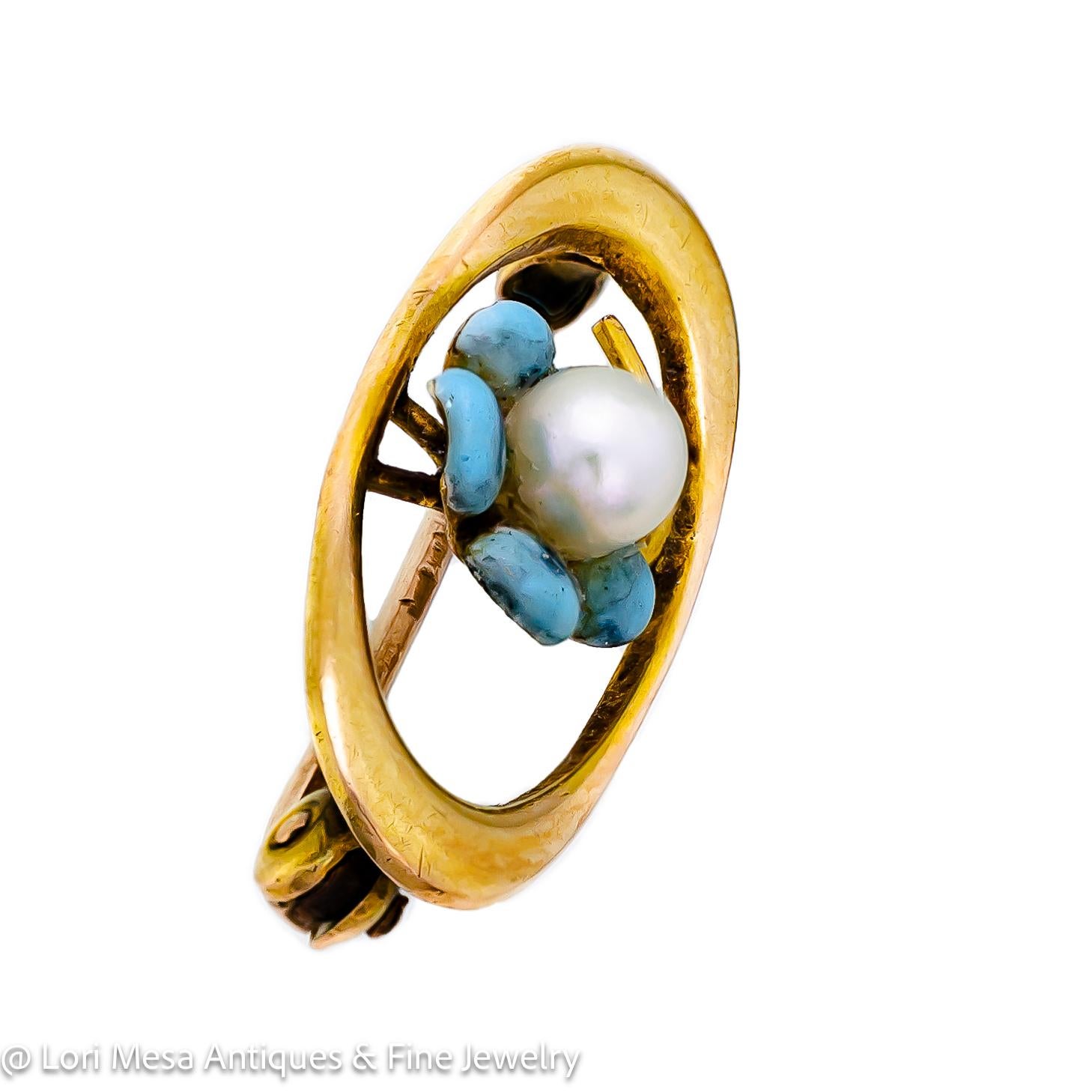 Attractive circa 1900 lady's 10kt yellow gold, blue enamel and pearl 