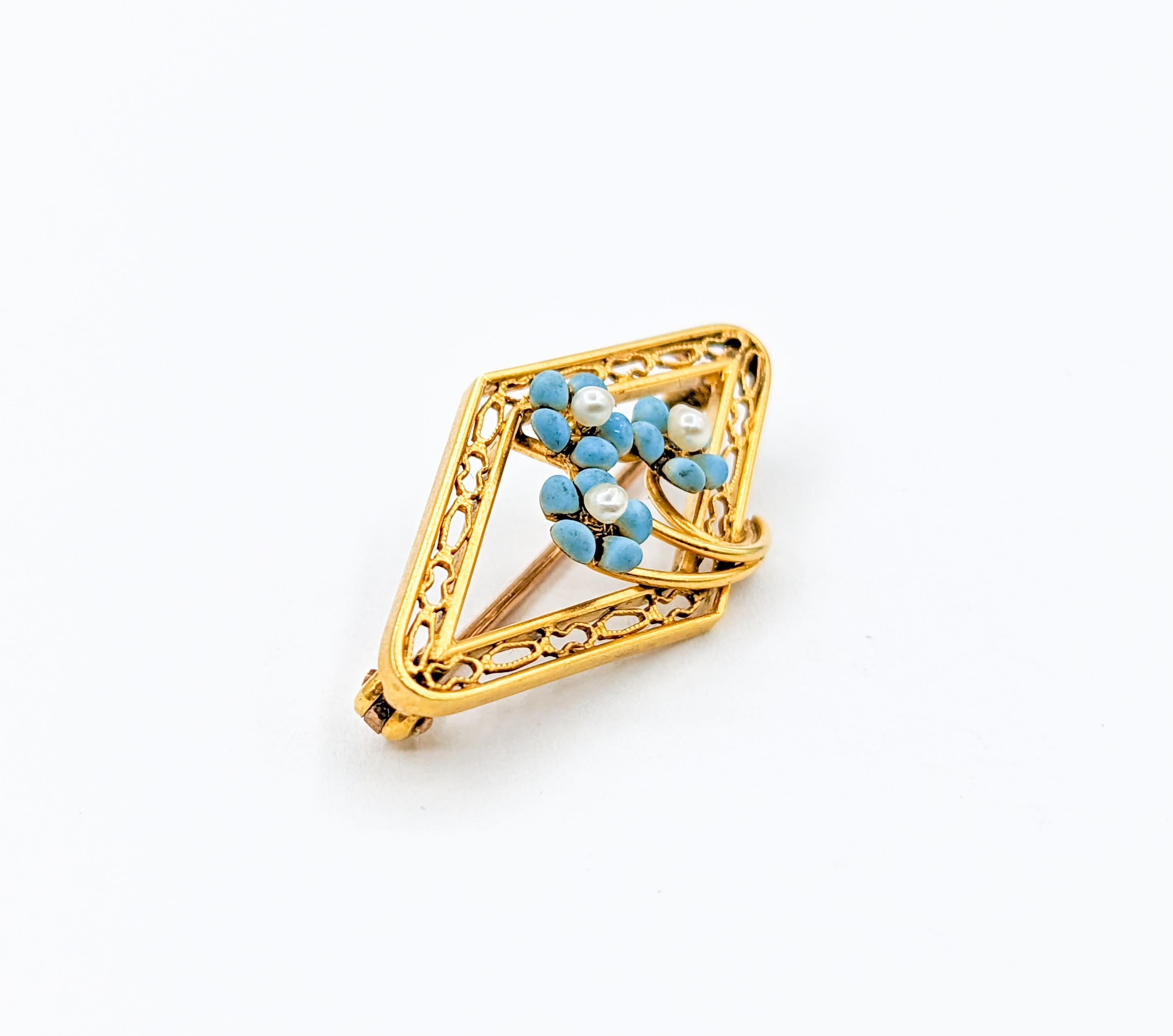 Sweet Turquoise Enamel & Seed Pearl Pin Brooch In Excellent Condition In Bloomington, MN