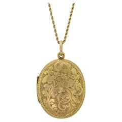 Antique Sweet Victorian Circa 1870 Engraved Yellow Gold Oval Locket