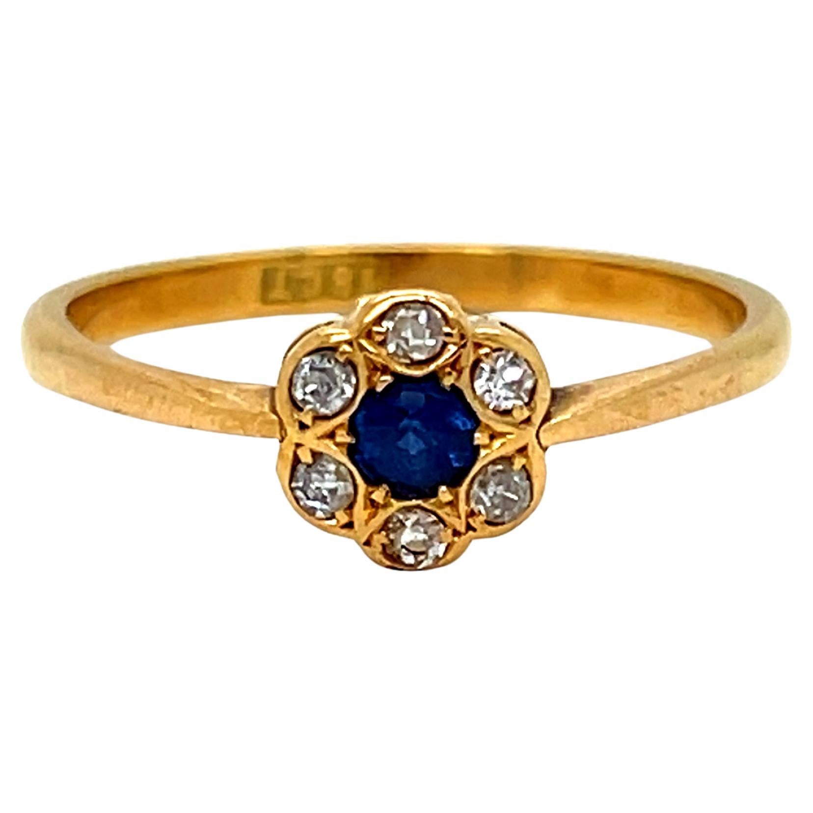 Sweet Vintage 18K Yellow Gold Diamond Halo and Sapphire Ring Engagement Ring.