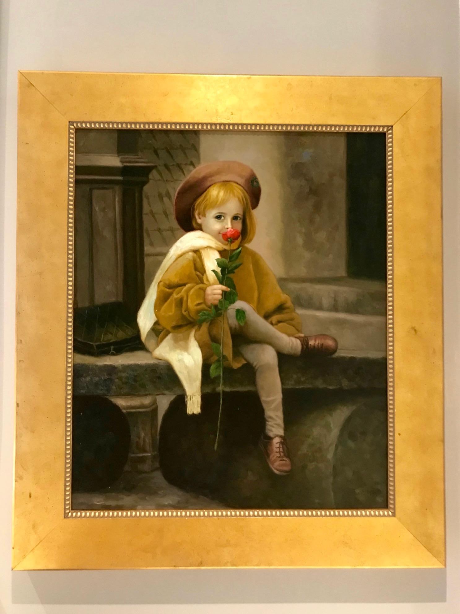 Stunning oil on canvas painting invoking the Aesthetic Movement of the late 19th century, supporting the emphasis of aesthetic values more than social-political themes in fine art. The painting features a child wearing a beret and holding a rose.