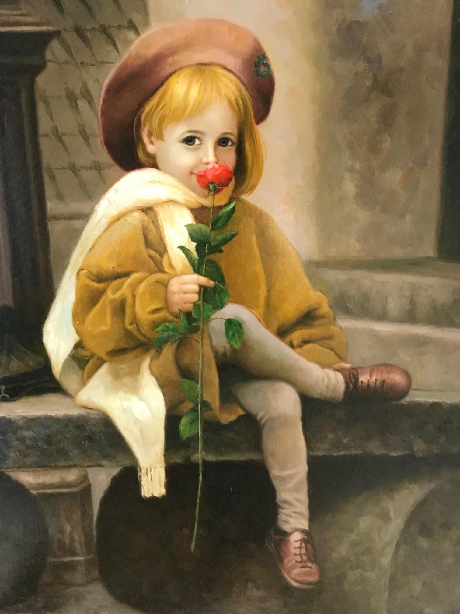 Aesthetic Movement Sweet Virginia, Child with Beret Oil on Canvas Painting