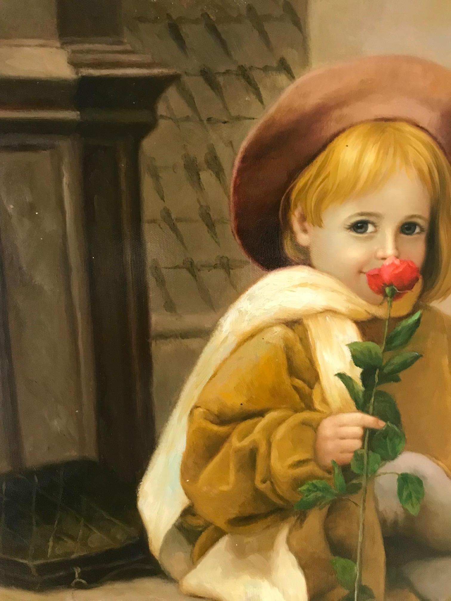 Sweet Virginia, Child with Beret Oil on Canvas Painting In Excellent Condition In Fort Lauderdale, FL