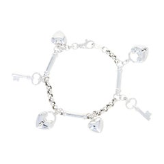 Sweetheart Charm Bracelet, 14 Karat White Gold Hearts Skeleton Keys Rolo