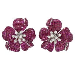 Sweetie rose flower invisible set ruby & diamond earrings.