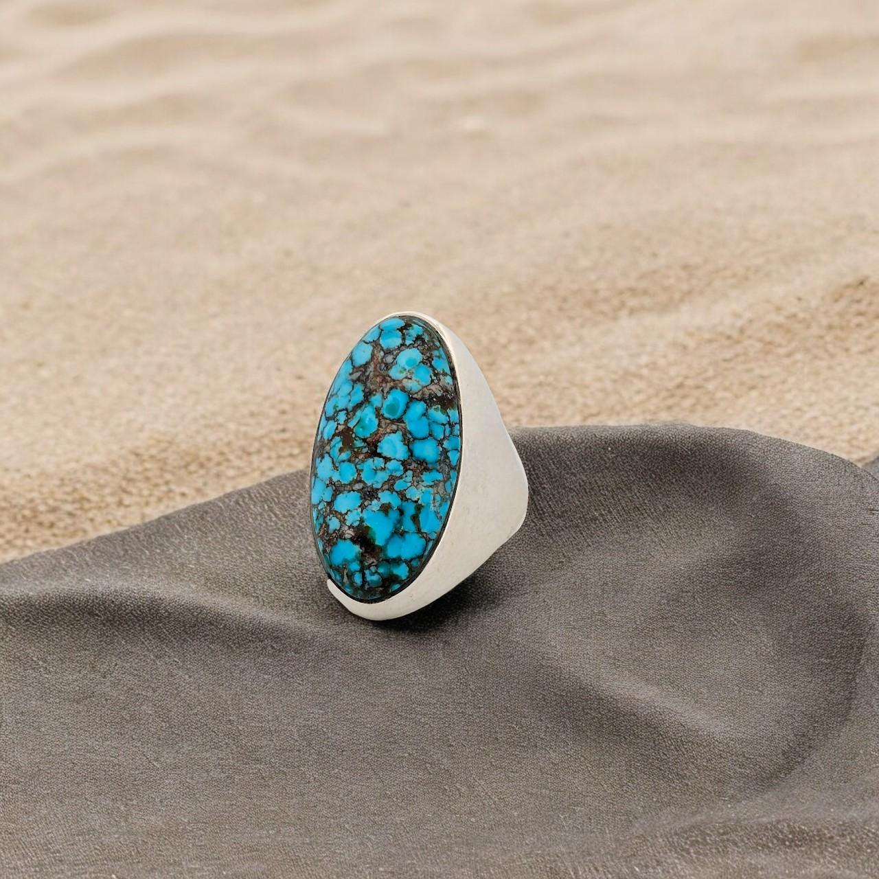 Cabochon Sweetwater Hill  Handcrafted Sterling Silver Ring with Kingman Turquoise