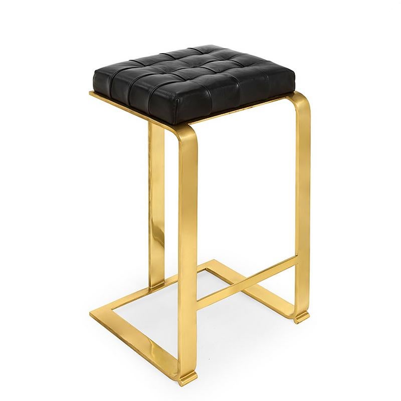 Hocker Sweety Gold mit Metallgestell
in Goldoptik und mit schwarzem Echtleder 
ledersitz.