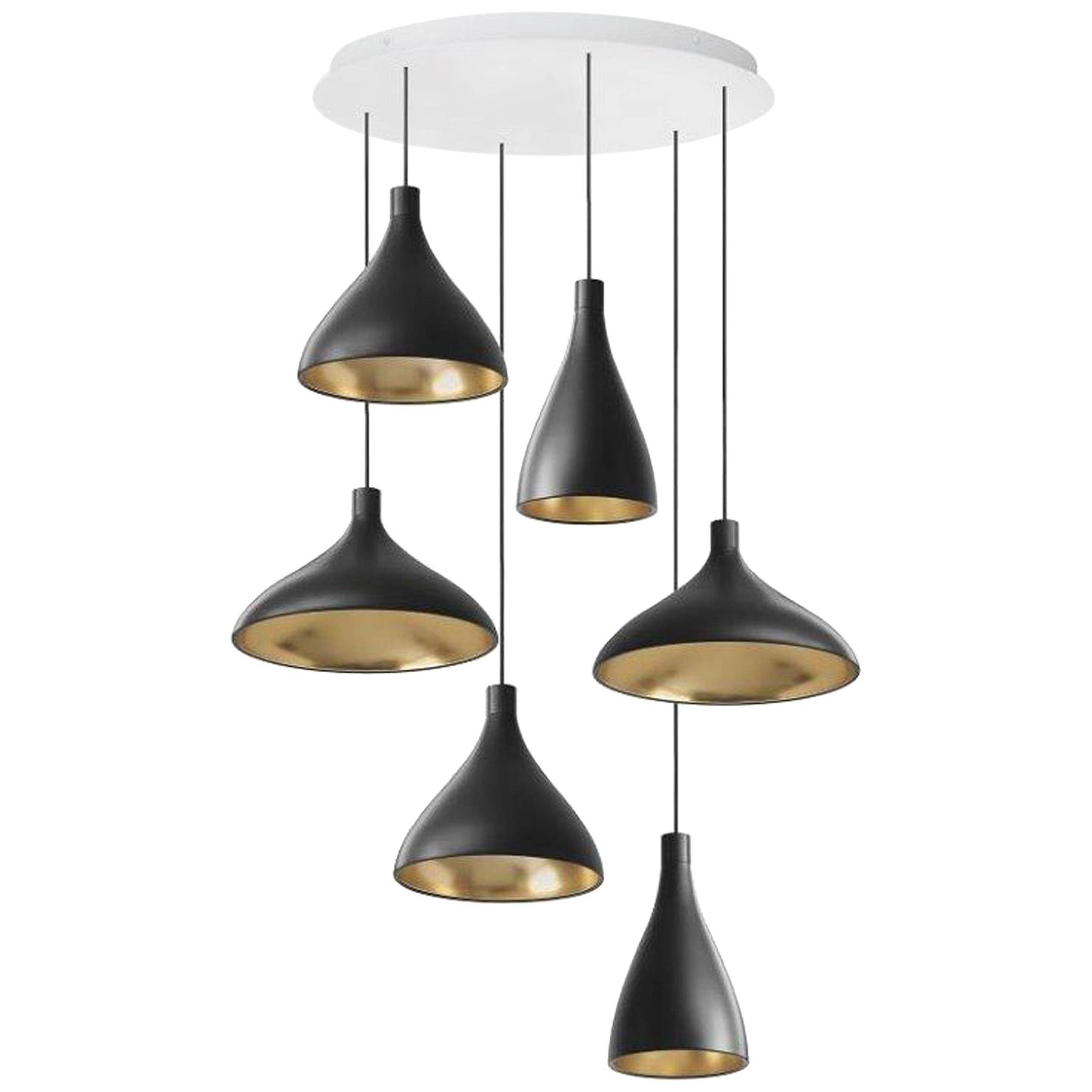 Swell XL LED 6-Piece Chandelier in Black and Brass by Pablo Designs