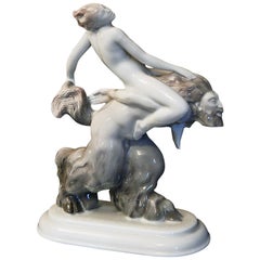 Antique "Swept Away" Large Porcelain Sculpture of Nymph Riding Satyr by Hutschenreuther