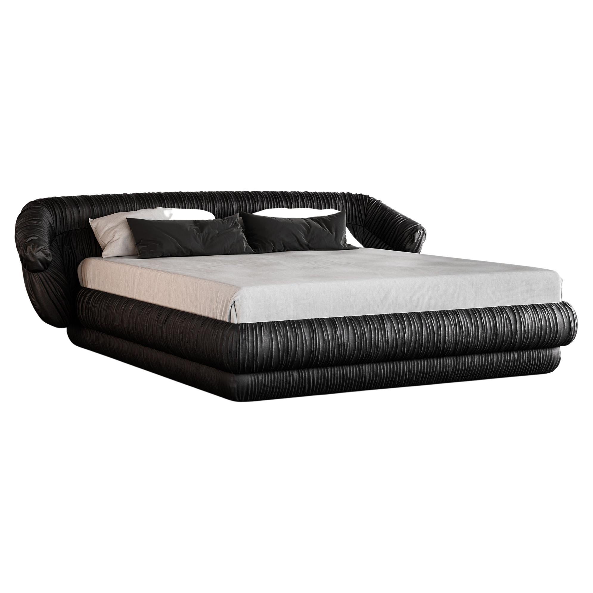 Swerve Bed - Modern Design in Black Faux Lambskin For Sale