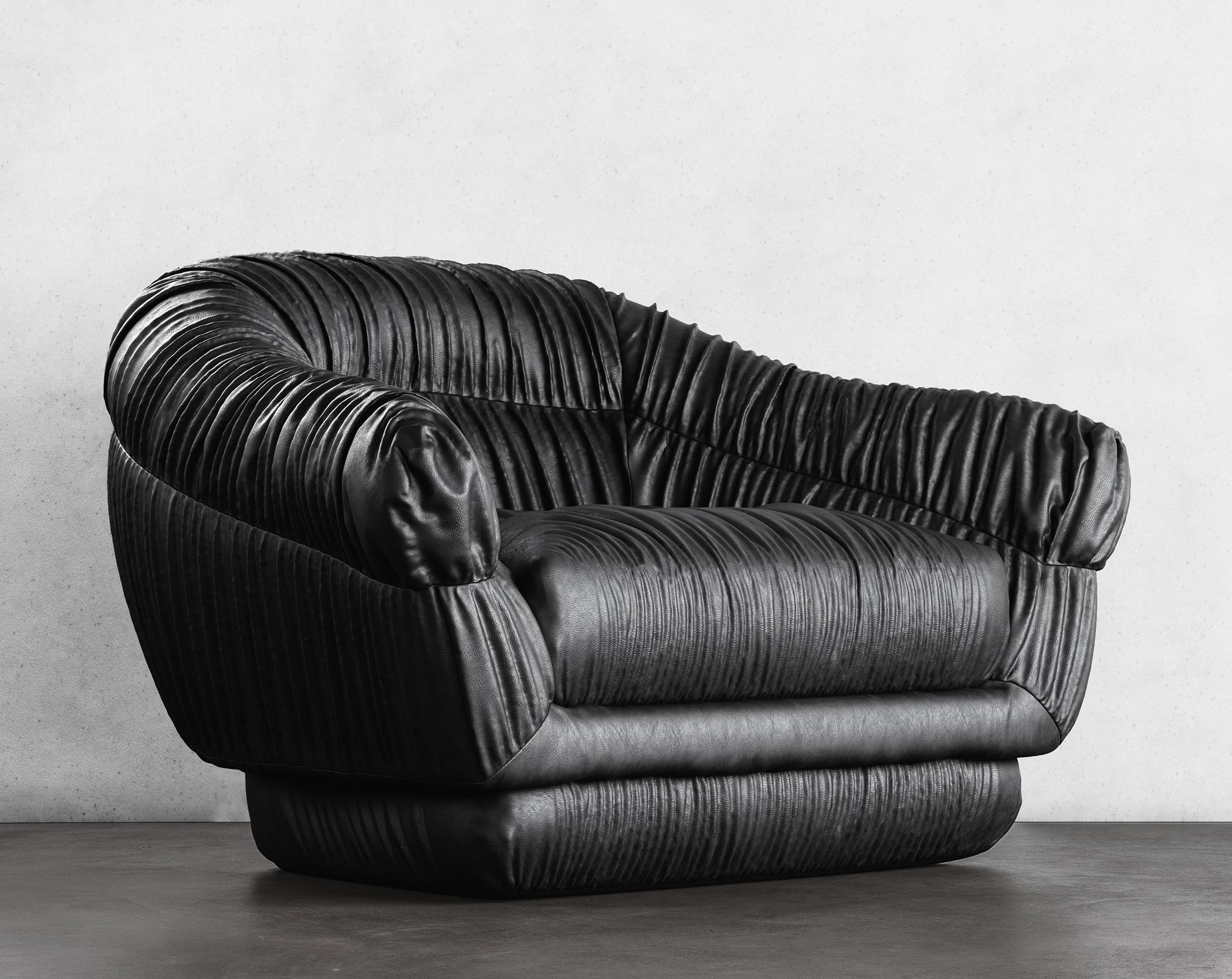 SWERVE LOUNGE CHAIR - Design Modern en Faux Lambskin Noir

Le fauteuil de salon Swerve, avec son revêtement en fausse peau d'agneau noir et son design moderne en ruchés, est un ajout élégant et confortable à tout espace de vie. La chaise présente un