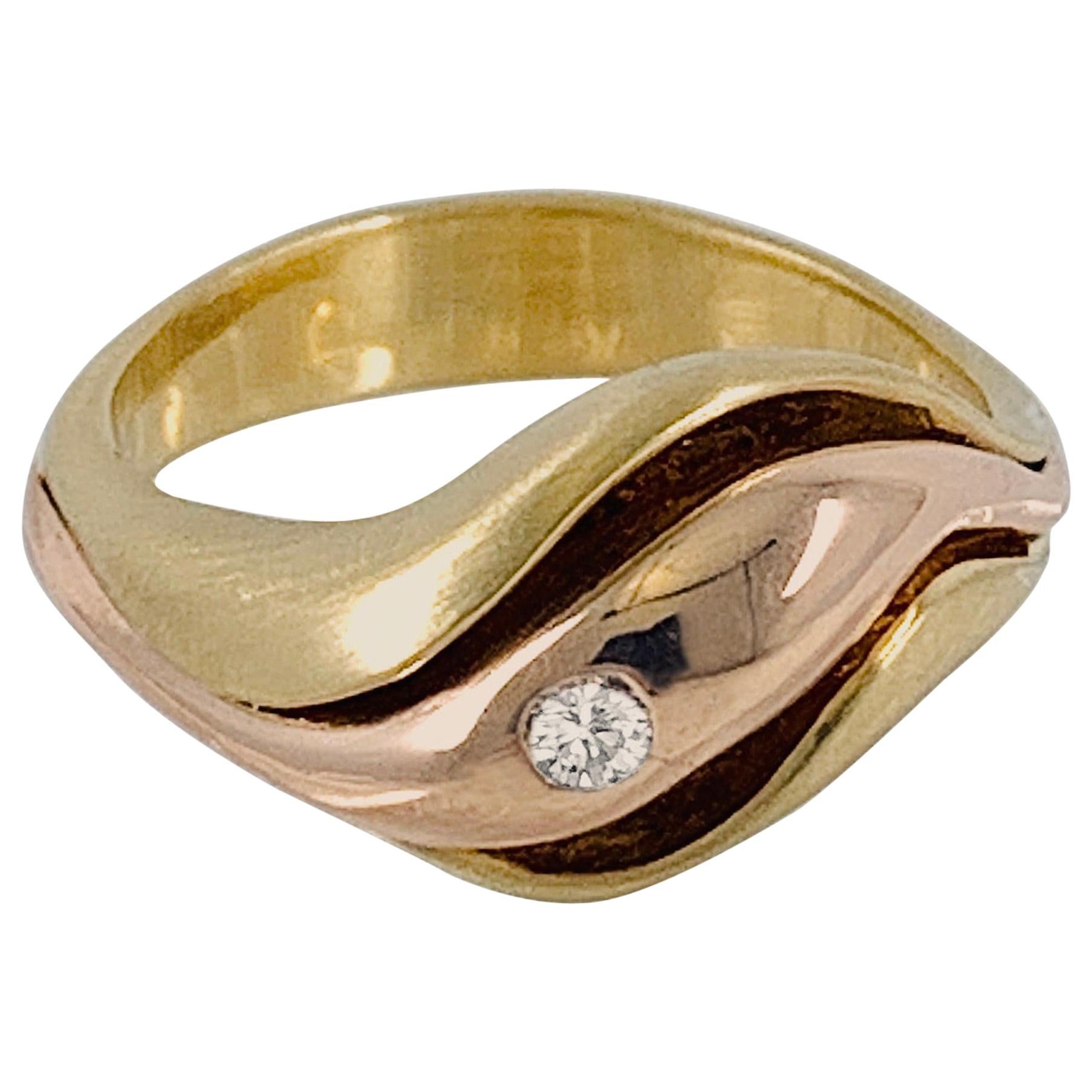 "Swerve" Contoured Band in Brushed Yellow and Polished Rose Gold with Diamond For Sale