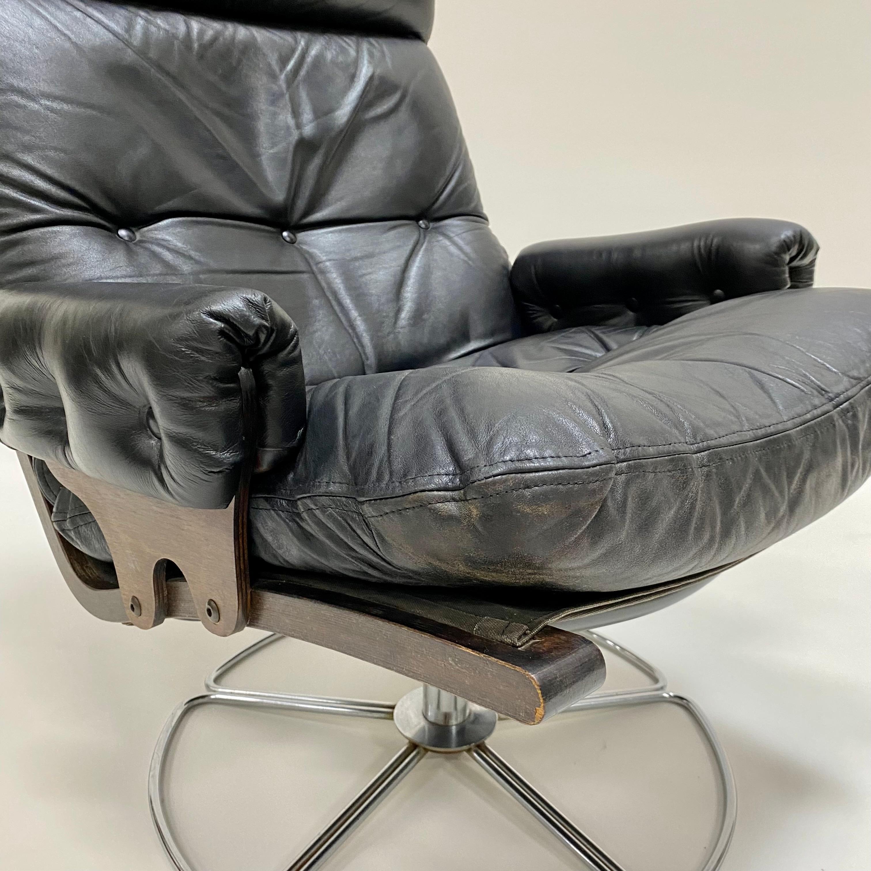 Swiffle Base Leather Lounge Chair by Bruno Mathsson for DUX, Sweden, 1970s 1