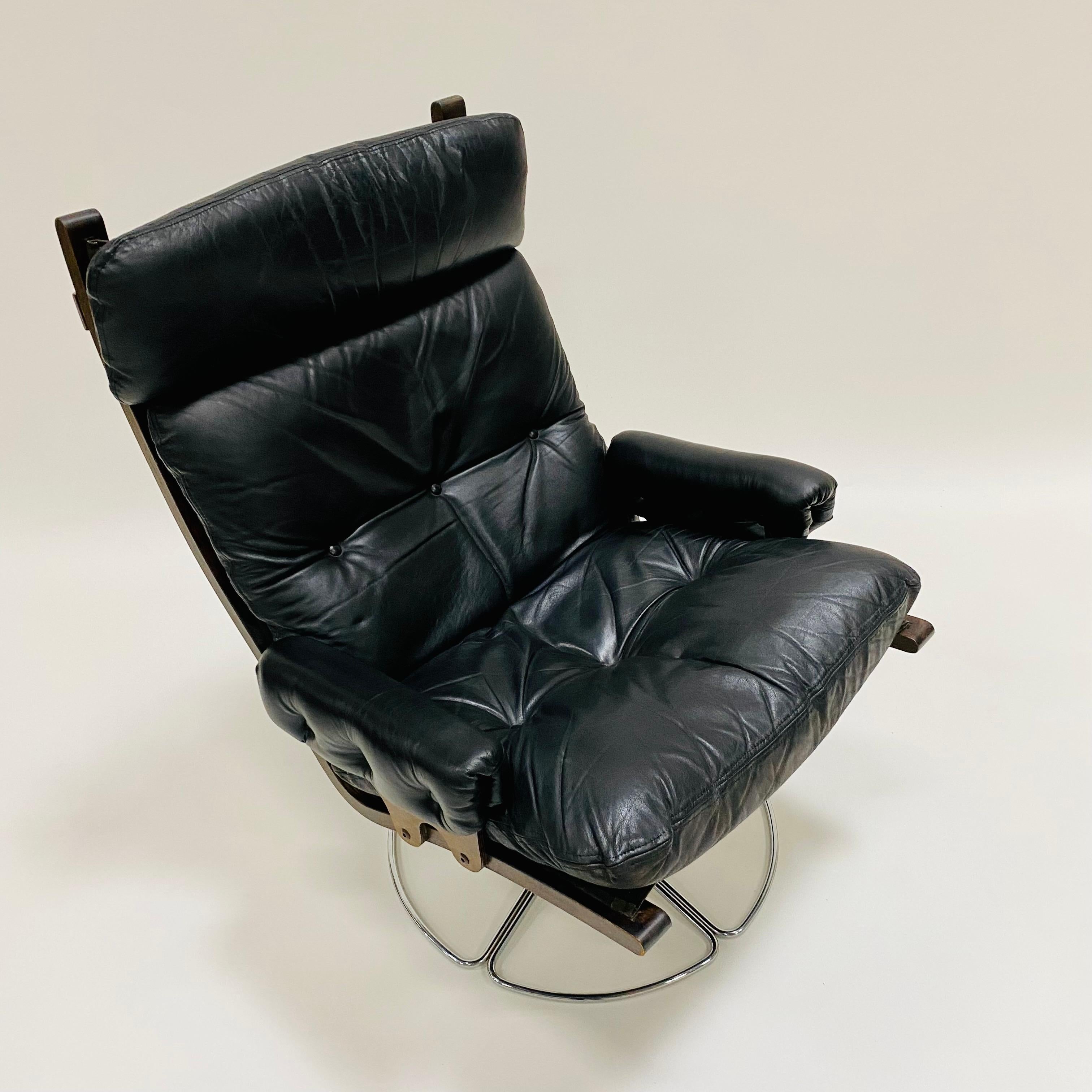 Swiffle Base Leather Lounge Chair by Bruno Mathsson for DUX, Sweden, 1970s 2