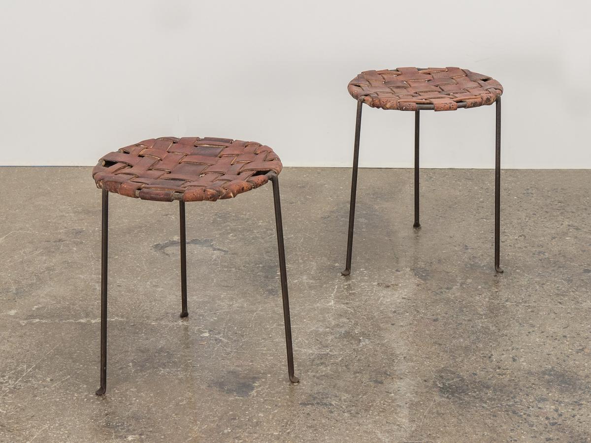 Mid-Century Modern Swift and Monell Woven Leather Iron Stools For Sale
