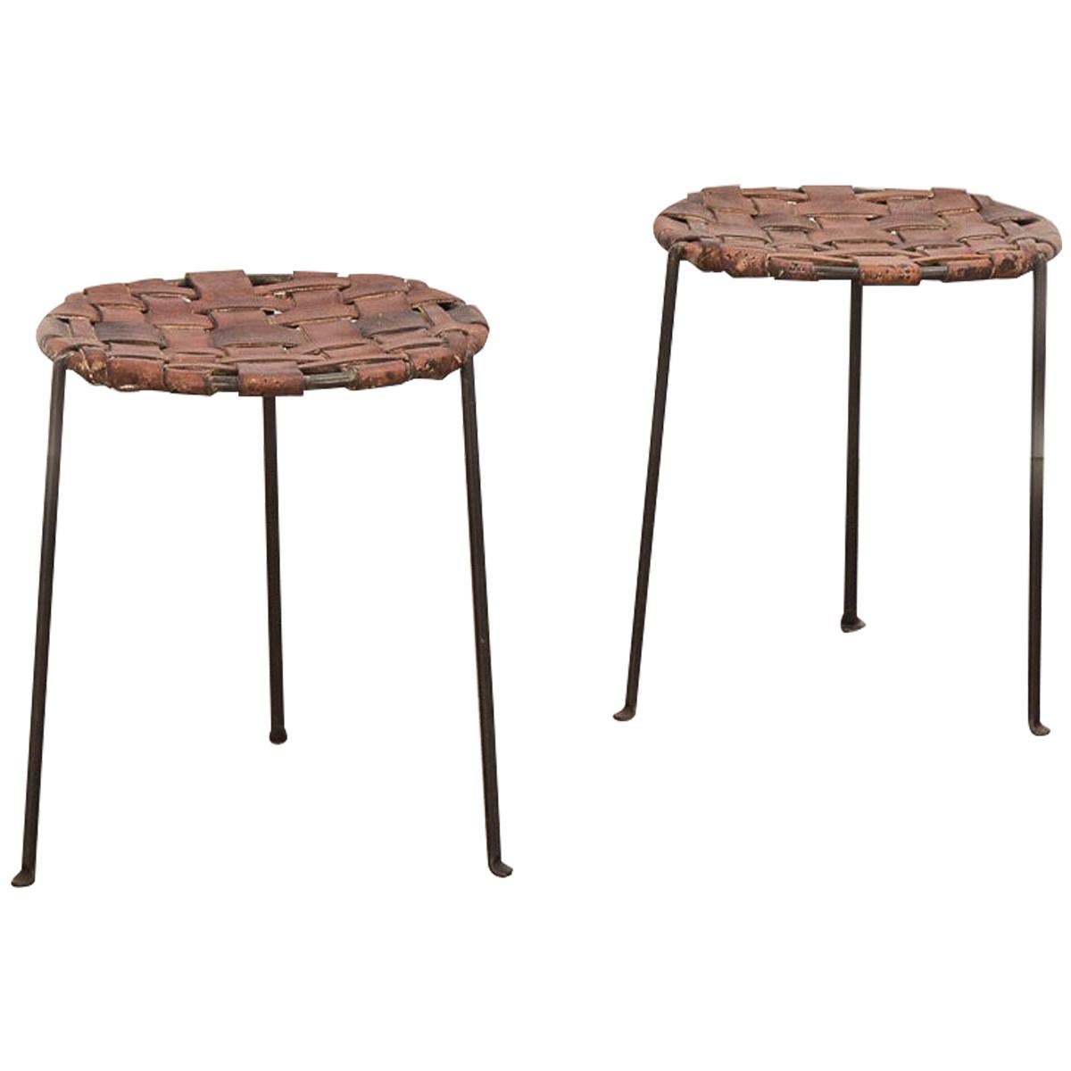 Swift and Monell Woven Leather Iron Stools For Sale