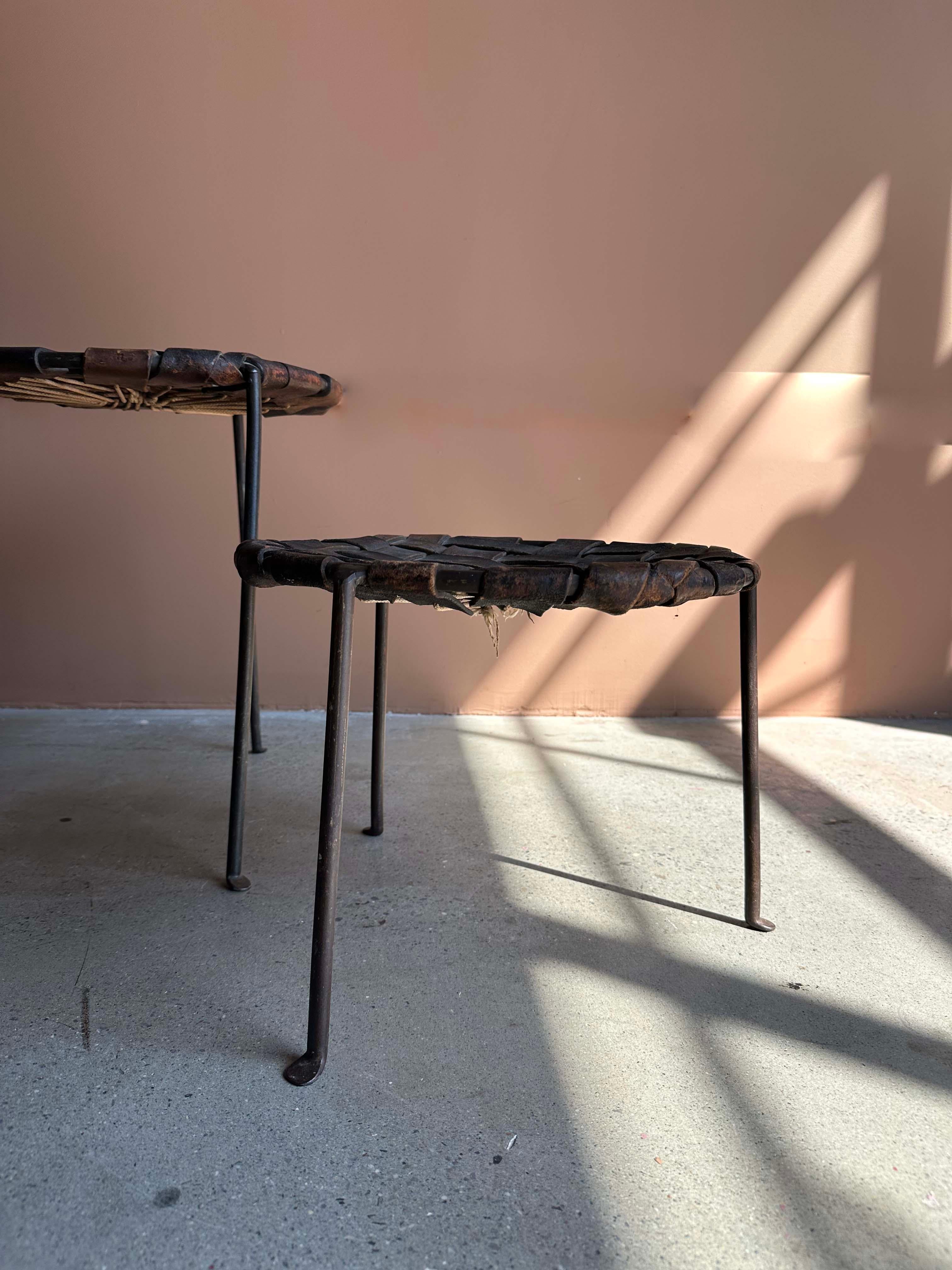 Mid-Century Modern Swift and Monell Woven Leather Iron Stools, Pair For Sale