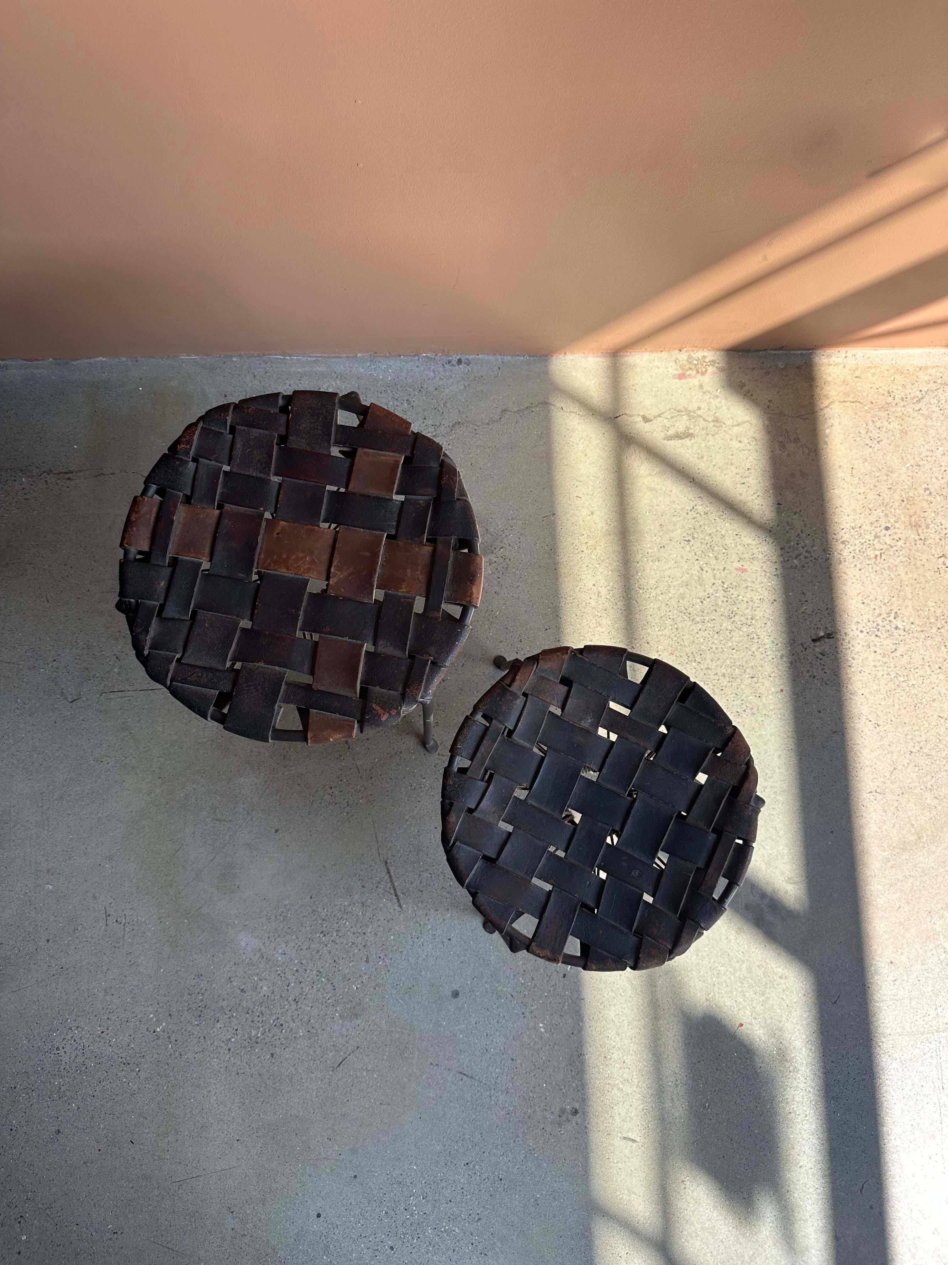 American Swift and Monell Woven Leather Iron Stools, Pair For Sale