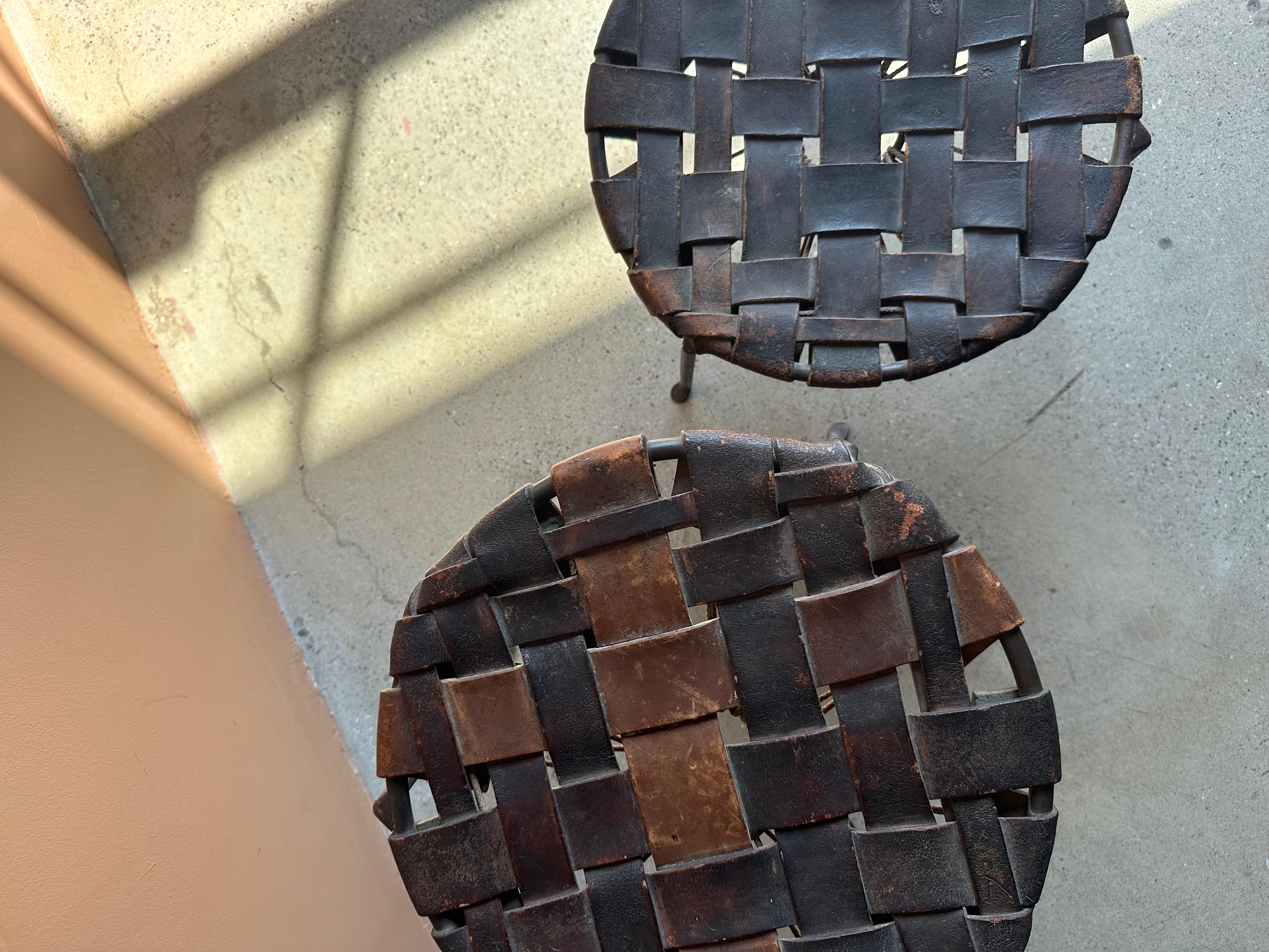Metalwork Swift and Monell Woven Leather Iron Stools, Pair For Sale