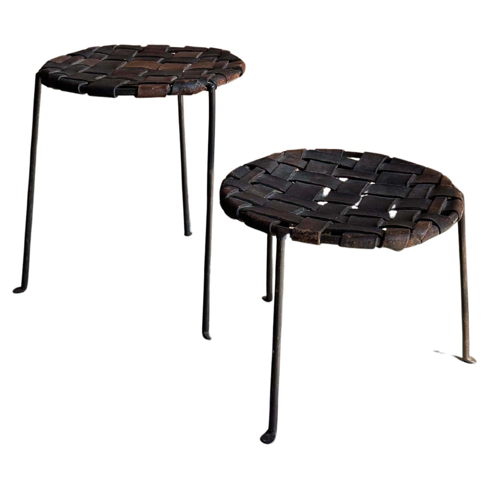 Swift and Monell Woven Leather Iron Stools, Pair For Sale