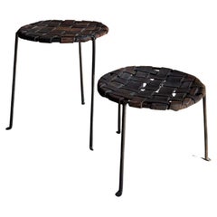 Swift and Monell Woven Leather Iron Stools, Pair