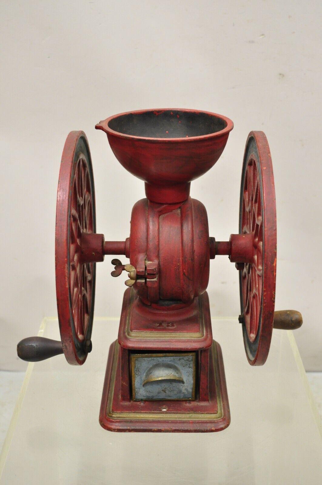 Swift Mill Lane Red & Blue Cast Iron Victorian Coffee Mill Grinder w/ Drawer. Circa Late 19th Century. Measurements: 14.5