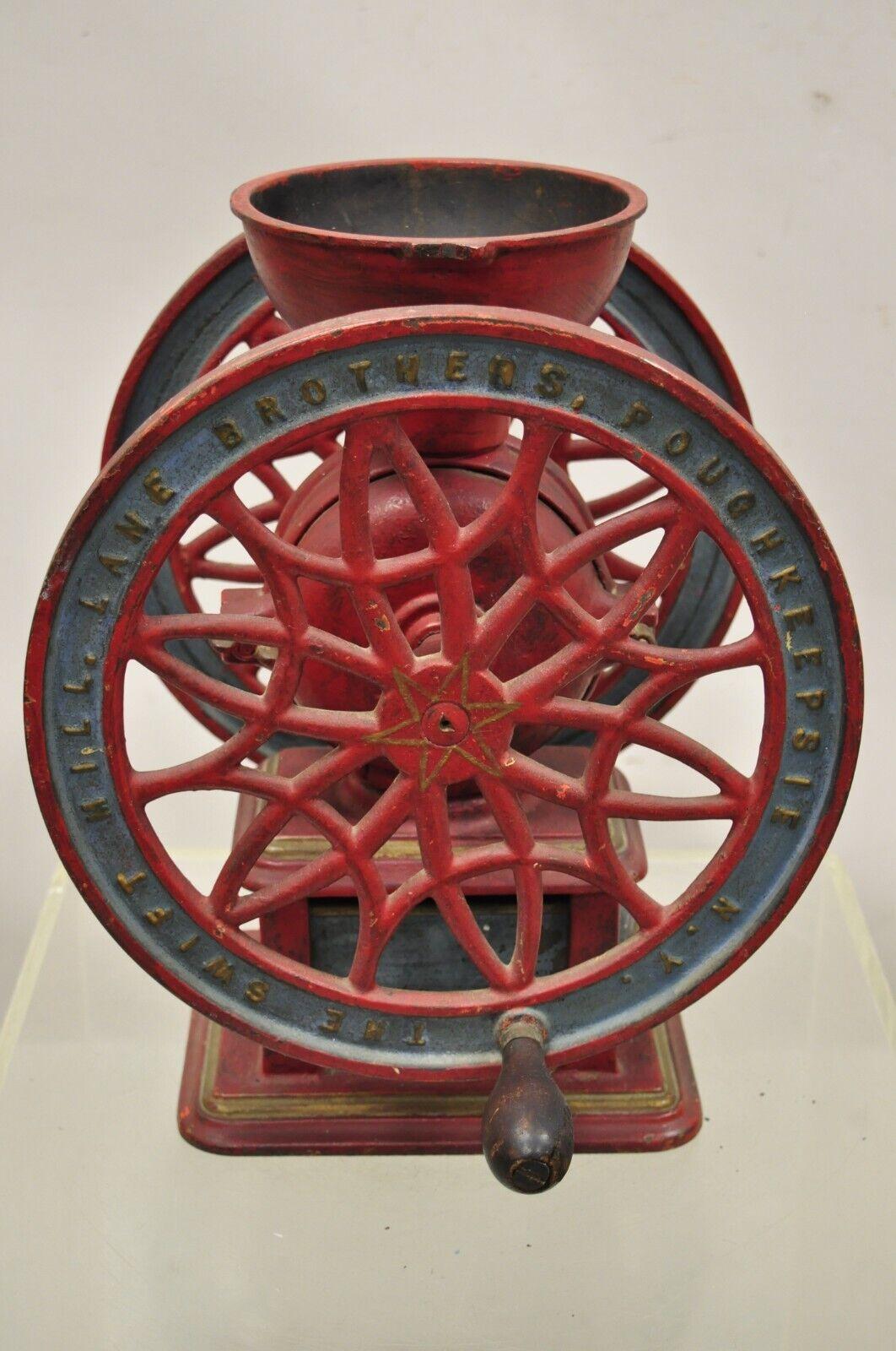 Swift Mill Lane Red & Blue Cast Iron Victorian Coffee Mill Grinder w/ Drawe In Good Condition For Sale In Philadelphia, PA