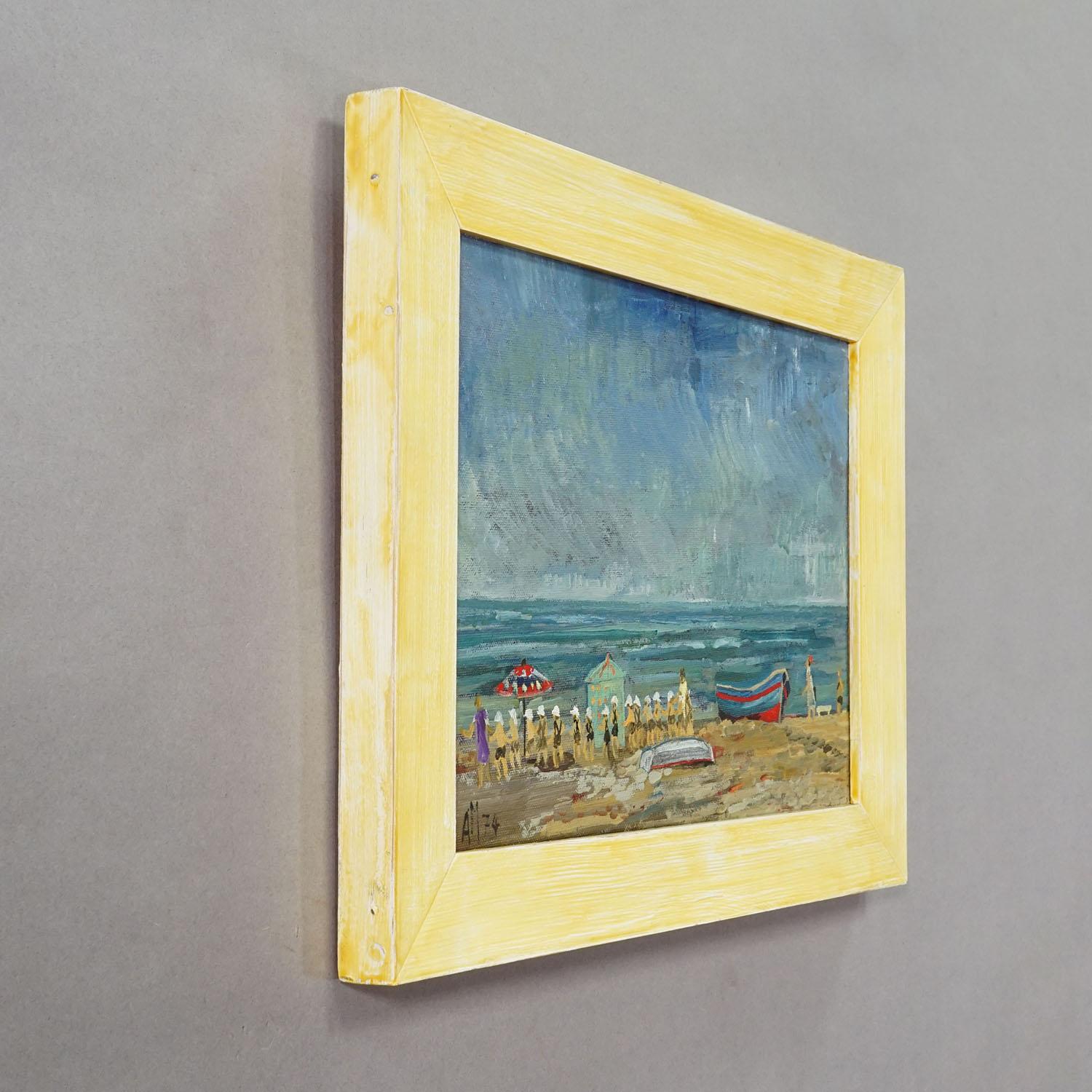 Schwimmschule am Meer, 1974 - Alexander Michael Ölgemälde

Diese lebhafte Küstenszene zeigt eine Gruppe von Kindern, die am Meer Schwimmunterricht nehmen. Unter einem sanft bewölkten Himmel säumen Figuren in Sonnenhüten und Badeanzügen den