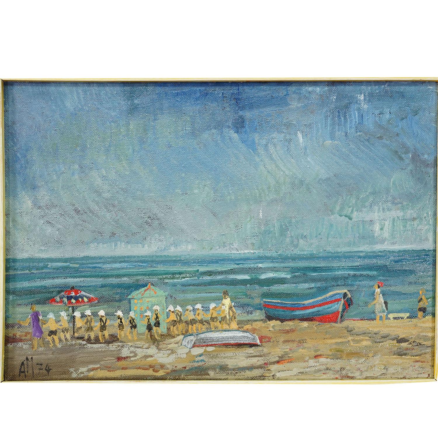 Schwimmschule am Meer, 1974 - Alexander Michael Ölgemälde (Sonstiges) im Angebot