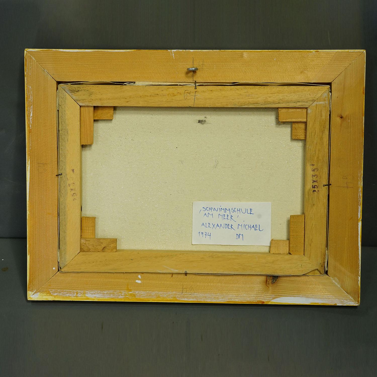 Schwimmschule am Meer, 1974 - Alexander Michael Ölgemälde (Holz) im Angebot
