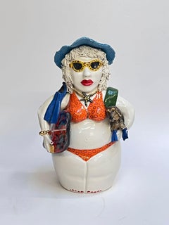 Swimming suit Woman, Sunbath, beach, summer. Handmade ceramic centerpiece. Italy