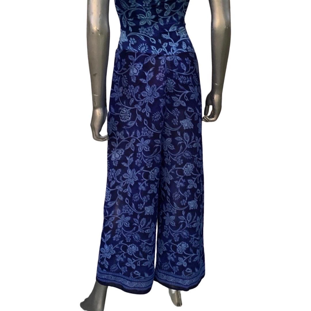 Purple Swimsuit and Chiffon Tie Pant Cover-Up Set Indigo Floral Print Size 8/Med For Sale
