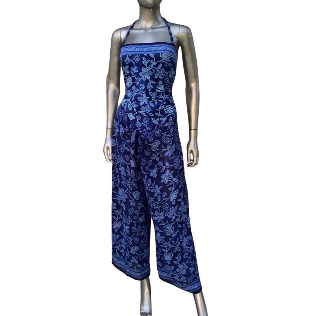 Combinaison de bain et pantalon à cravate en mousseline à imprimé floral indigo, taille 8/med en vente 1