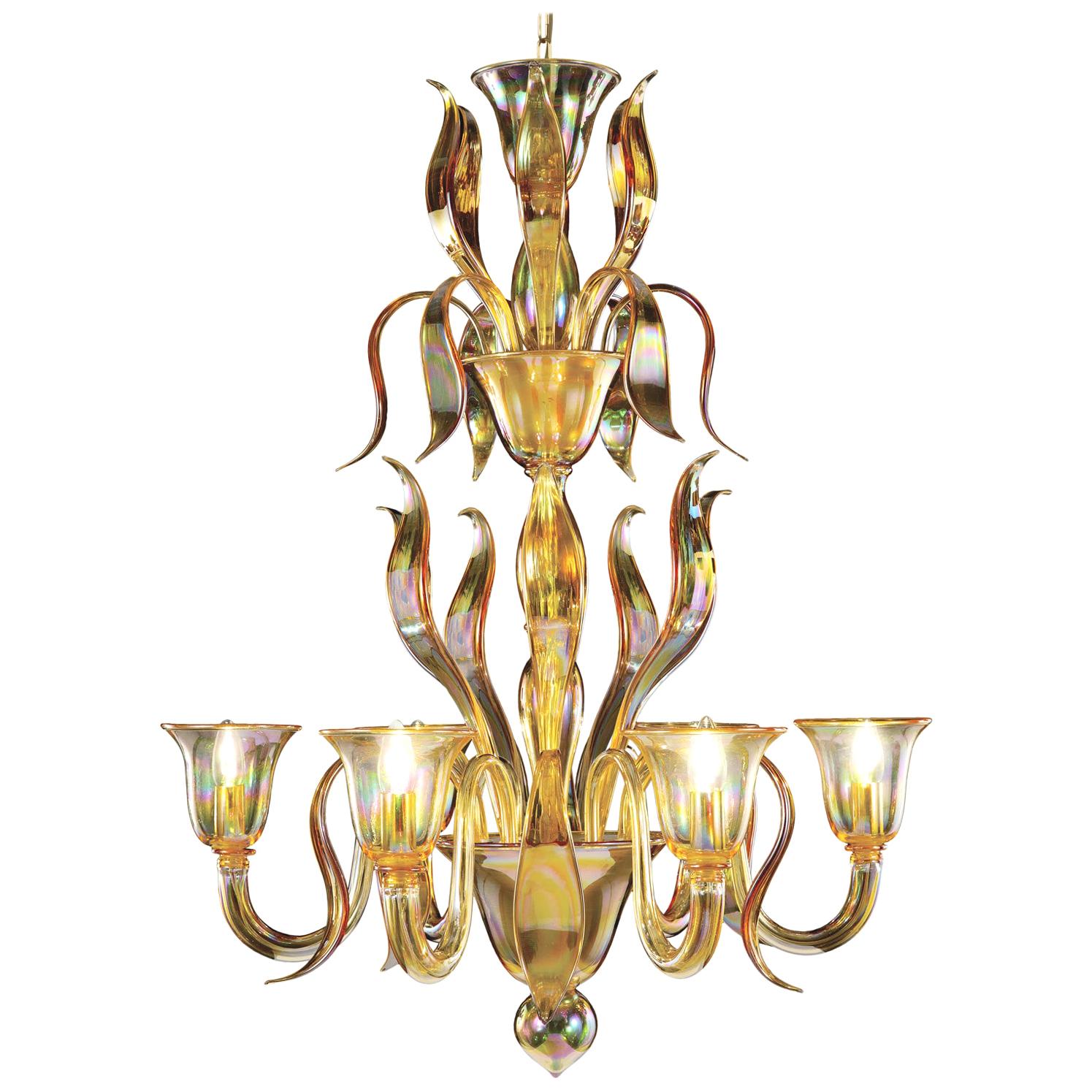 Italian Chandelier 6 arms Iris Amber artistic Murano Glass by Multiforme  For Sale