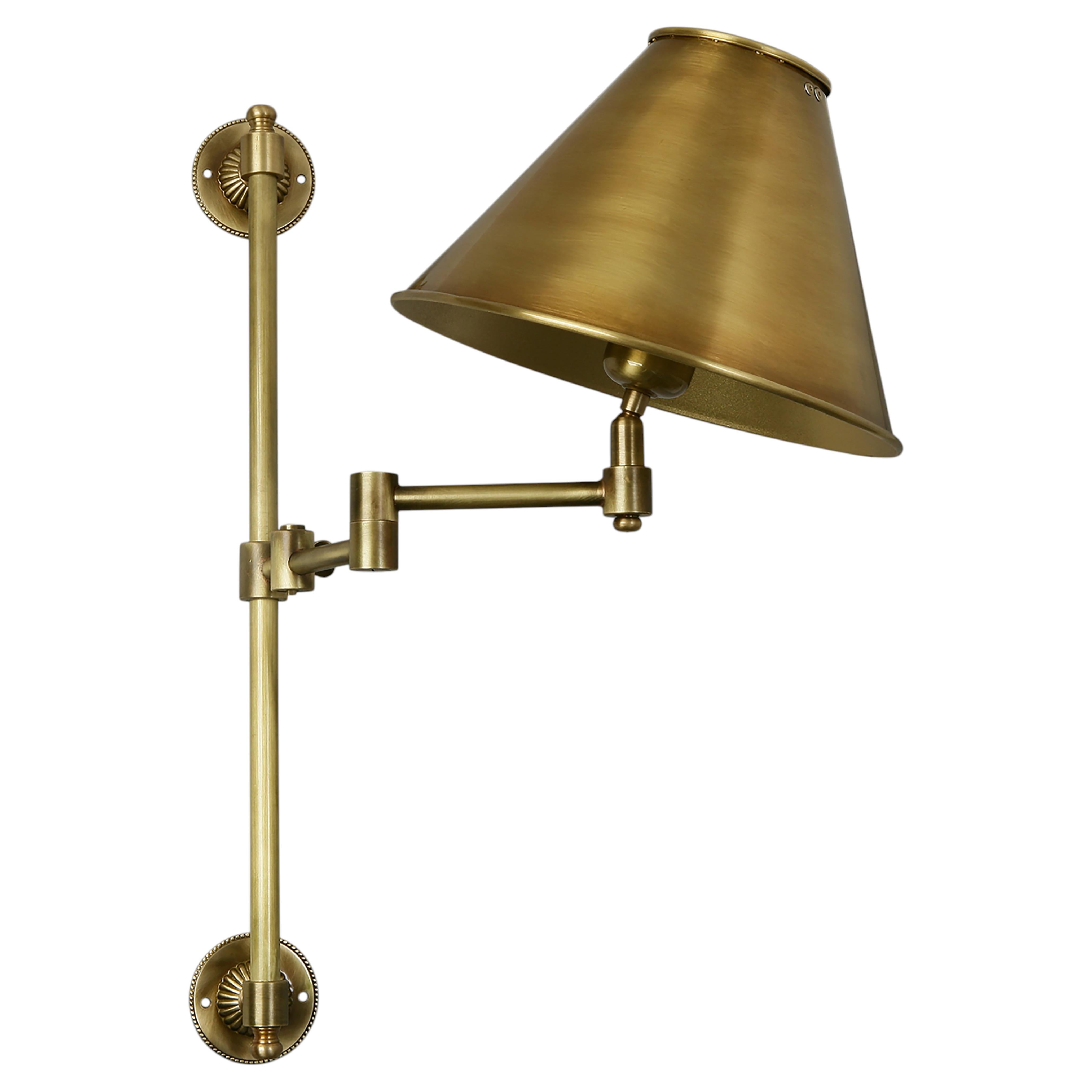 Swing arm Library Light in Antique Brass with matching Brass Lampshade