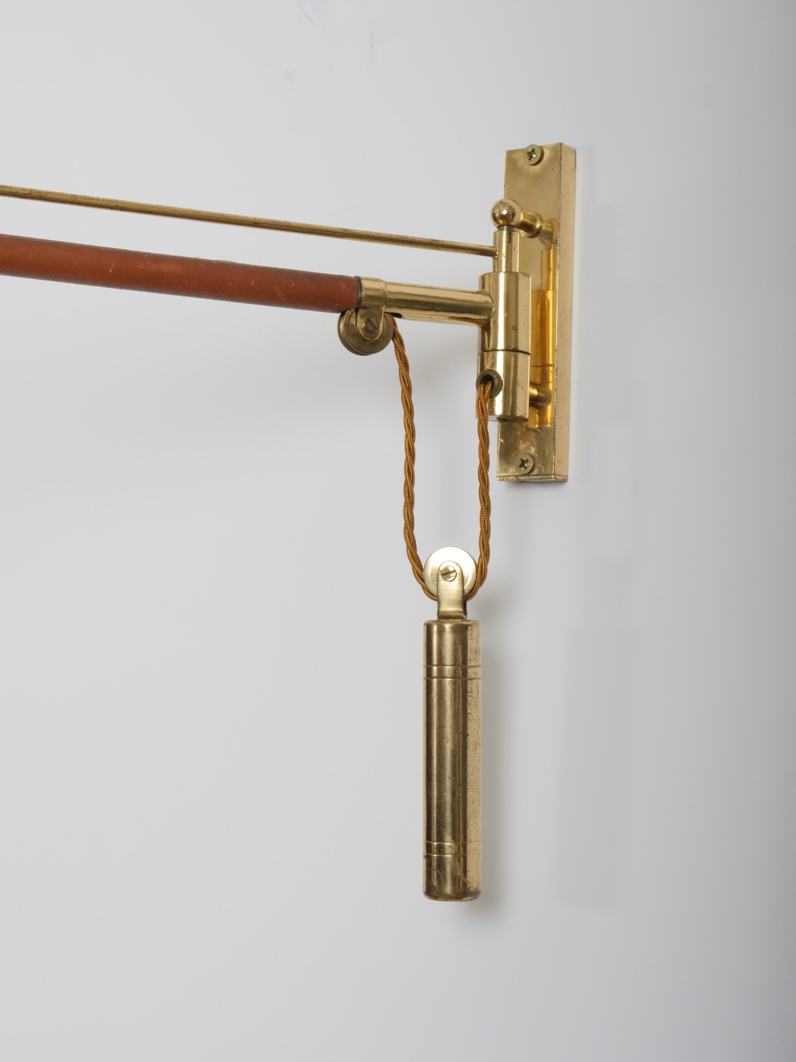 Swing arm wall light. Brass and leather Italy c1950 Brass n For Sale 2
