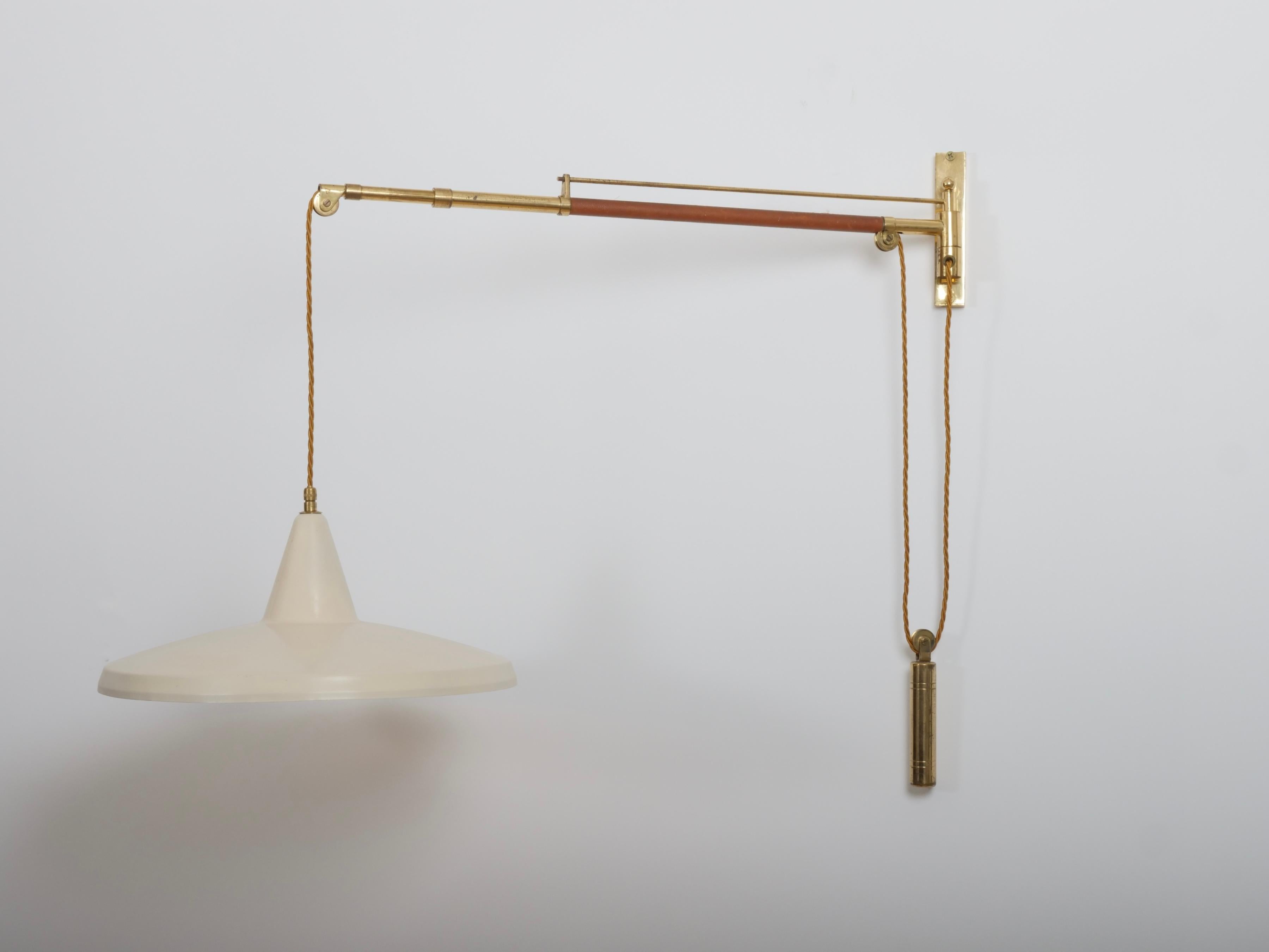 Painted Swing arm wall light. Brass and leather Italy c1950 Brass n For Sale