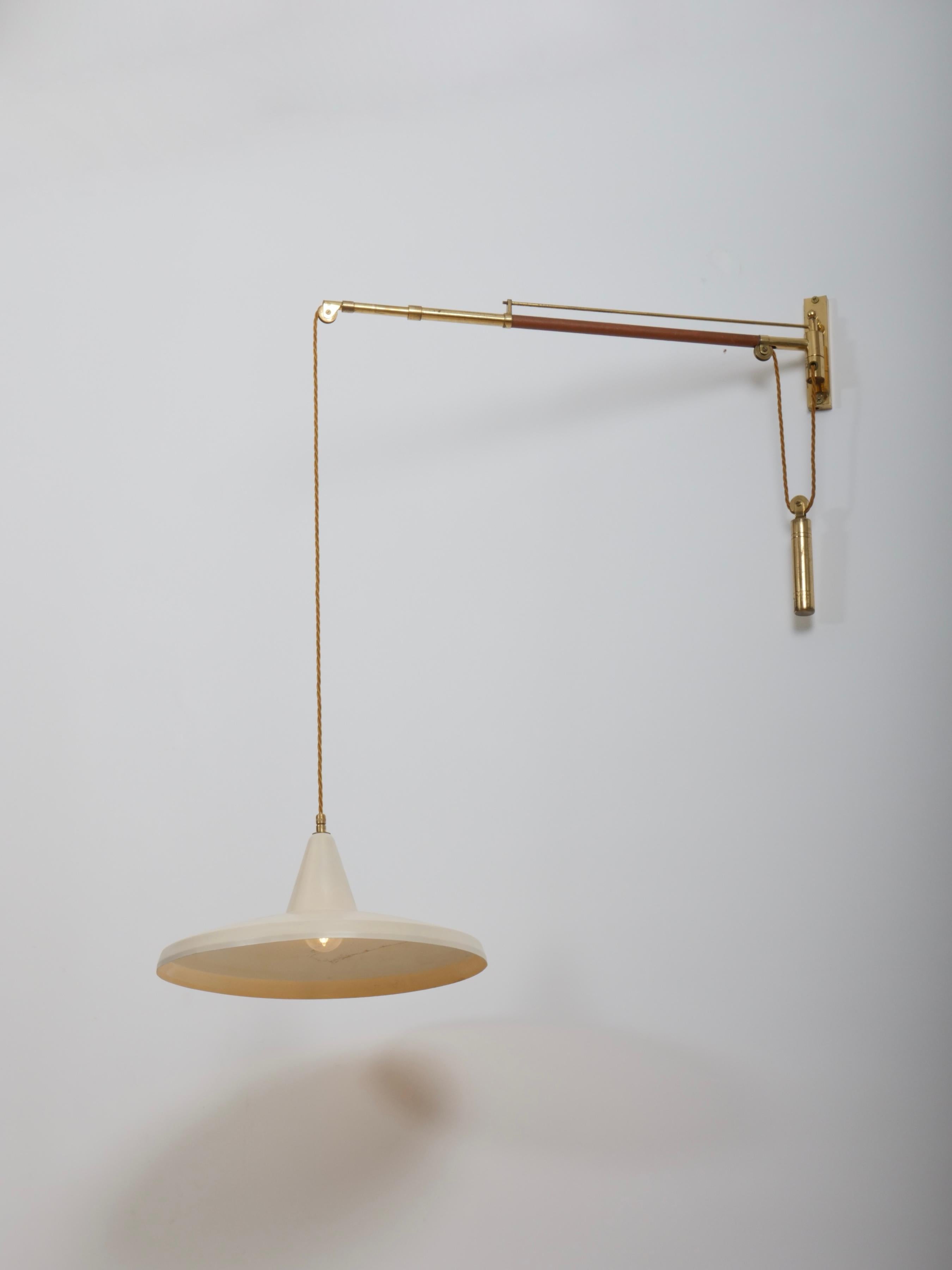 Mid-20th Century Swing arm wall light. Brass and leather Italy c1950 Brass n For Sale