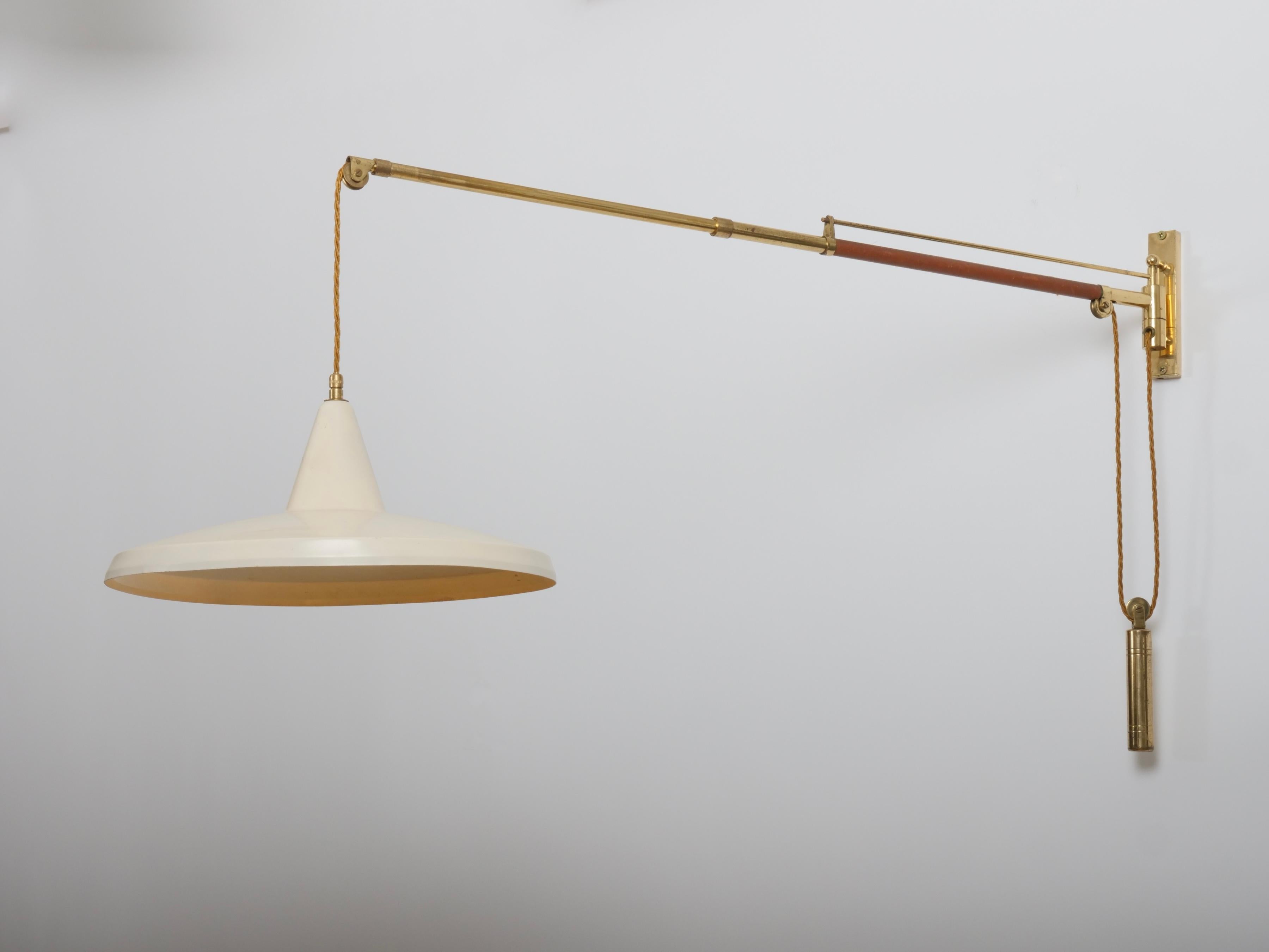 Aluminum Swing arm wall light. Brass and leather Italy c1950 Brass n For Sale