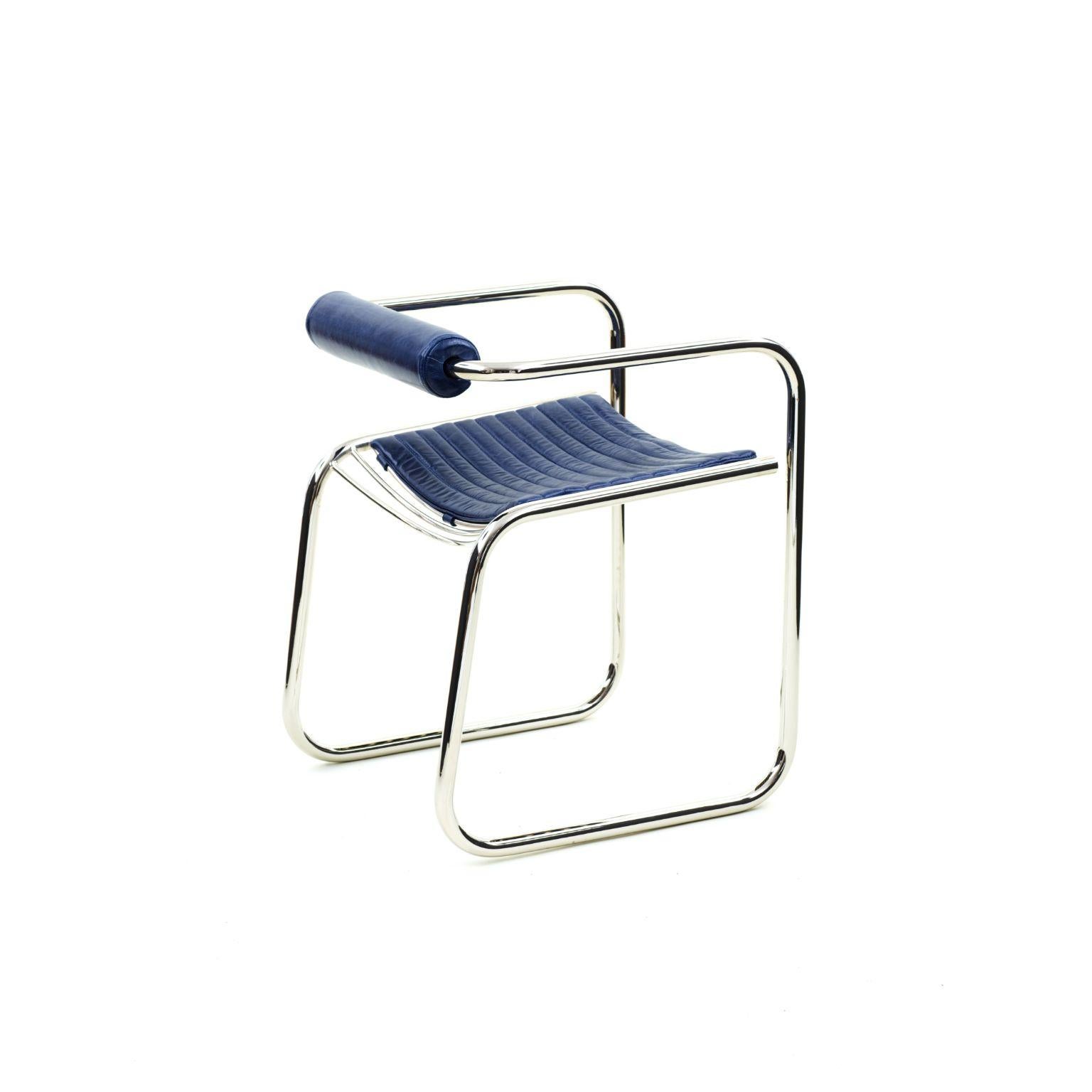 Swing blue chair by Rue Intérieure
Dimensions: D66 x W55.9 x H48.2 cm
Materials: Steel, leather
Designed and made in Montreal, Canada

Swing chair was born by playing with metal tubing.
In relation to historic designs, Swing mixes the rigidity